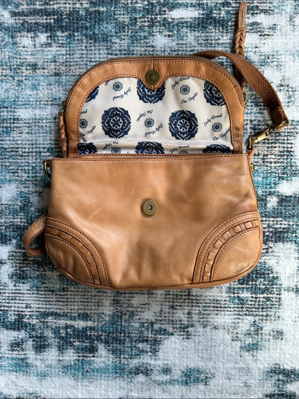 Lucky Brand Cognac Leather Crossbody with Braided Trim - Picture 3 of 3